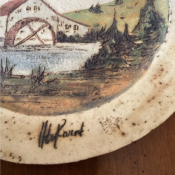 Rustic Decorative Pottery Plate - Waterwheel Mill Pond Scene Country - Picture 3 of 5